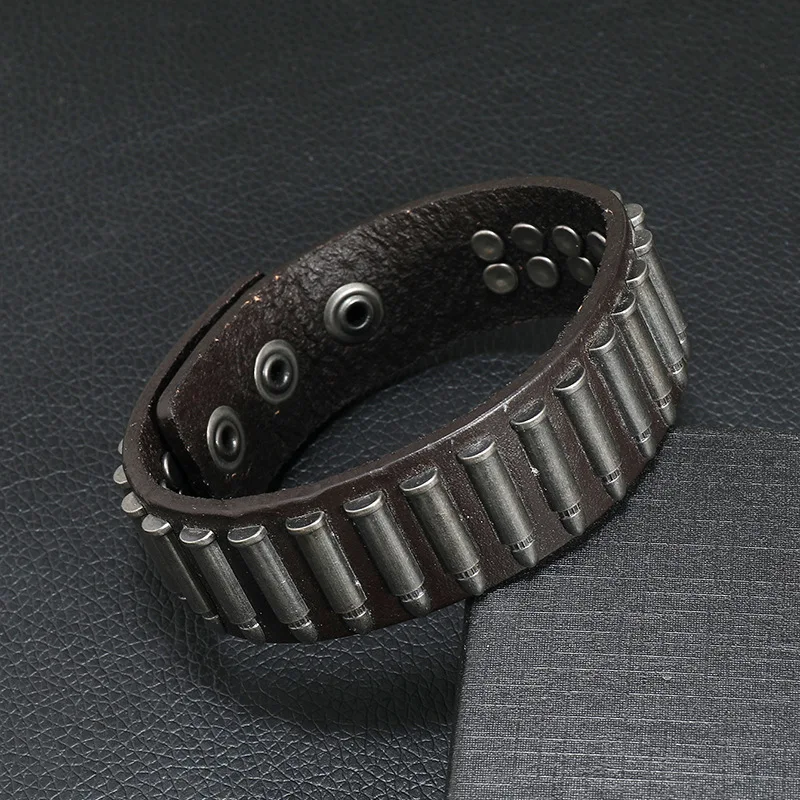 

Black Adjustable Popular Stainless Steel Ins Wide Trendy Alloy Bullet Bracelet Cowhide Multilayer Leather Bracelet for Men