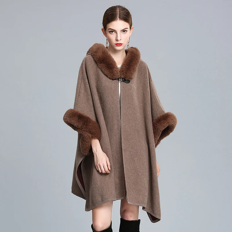 

Faux Rex Rabbit Fur Collar Blends Cape Versatile Shawl Coat Hooded Cloak Women Autumn Winter Fashion Loose Woolen Poncho Wraps