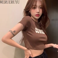 summer kawaii vintage t shirt women clothes short sleeve crop top aesthetic woman y2k korean fashion brown graphic tshirts 2022