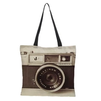 customized shopping bag cute cat printing camer women handbag linen totes with print logo casual traveling beach bags
