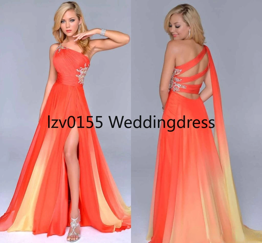 

Gradient Ombre Prom Dresses Orange Chiffon Split Evening Formal Gown One-Shoulder Party Dress Criss Cross Straps Back Beautiful
