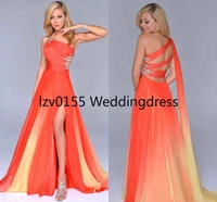 gradient ombre prom dresses orange chiffon split evening formal gown one shoulder party dress criss cross straps back beautiful