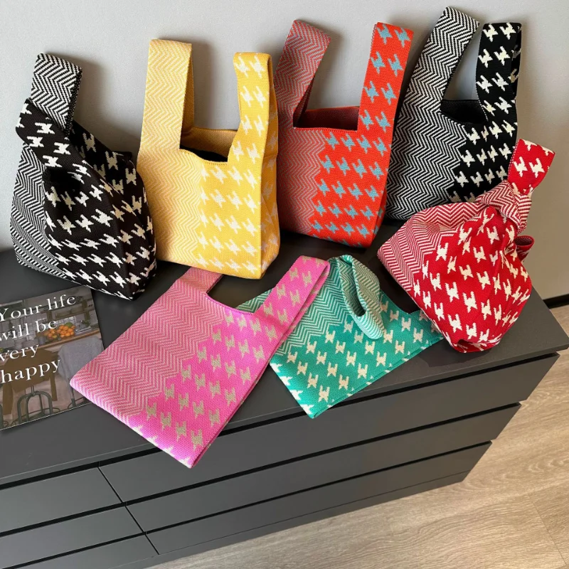 

New Arrivals Contrasting Colors Houndstooth Knitting Fabric Handbag Winter Woven Shopper Purse Casual Wool Tote Sac A Main Femme