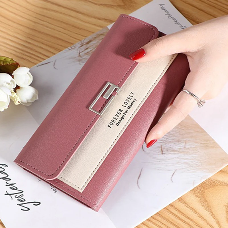 

New Arrival Women Long Wallets Hasp Patchwork Three Folding Clutch Bag For Female Fashionable Long Chic Bag Card Bag Coin Purse