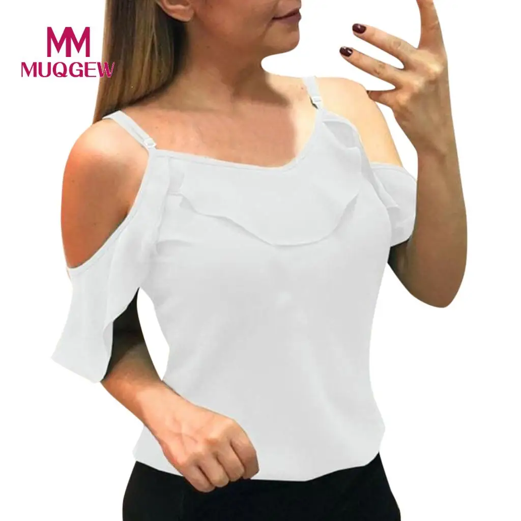 

2023HOT JTFAN Off Shoulder t shirt women 2019 Summer Solid Strappy Ruffle women tshirt Casual Chiffon Fashion Women #G8