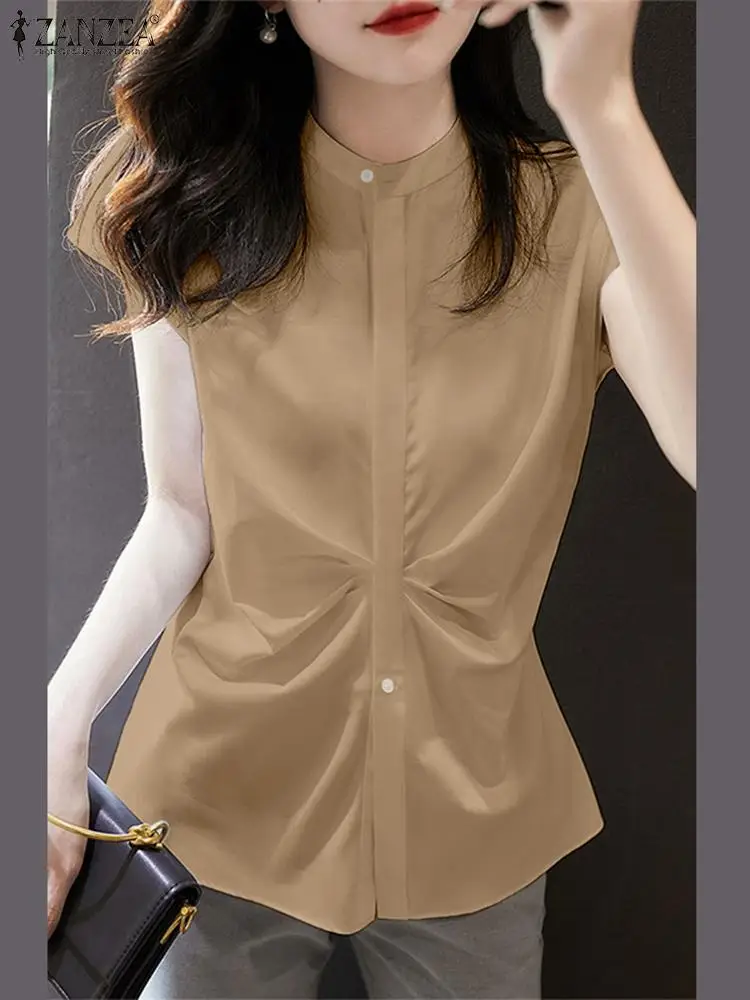 

Блузка ZANZEA женская с коротким рукавом, модная Повседневная Туника в Корейском стиле, однотонная элегантная рубашка с рюшами, лето 2023