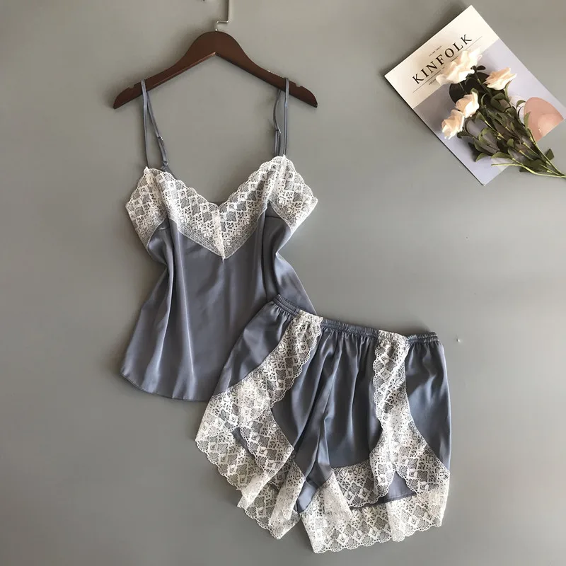 Pajamas Nightwear Ice Silk Sleeveless V Neck Shirt Shorts Lace Edge Homewear Sleep Suit Nightgown Sexy Backless Loungewear 2pcs