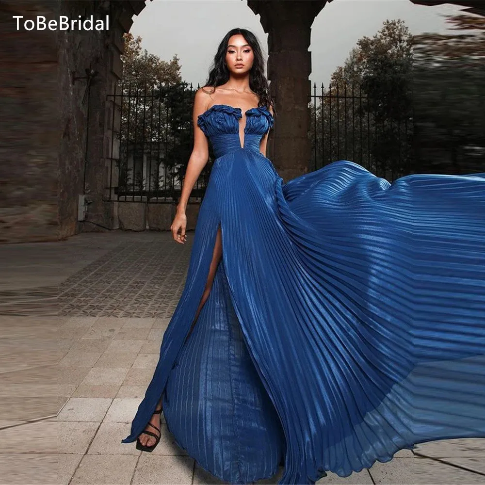

Элегантное темно-синее шелковое шифоновое плиссированное платье для выпускного вечера с высокой талией и разрезом без бретелек современное вечернее платье женское Деловое платье