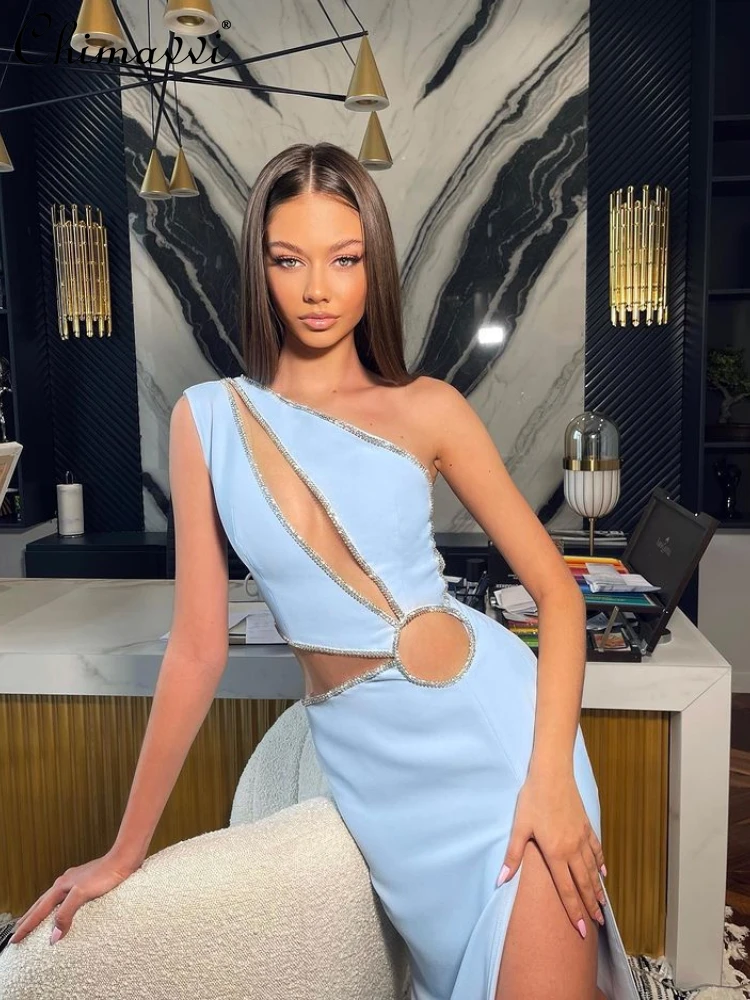 2022 Summer New Diamond Split Bandage One-Piece Dress Women's Fashion Sexy Hollow-out Backless Inclined Shoulder Dress Ladies