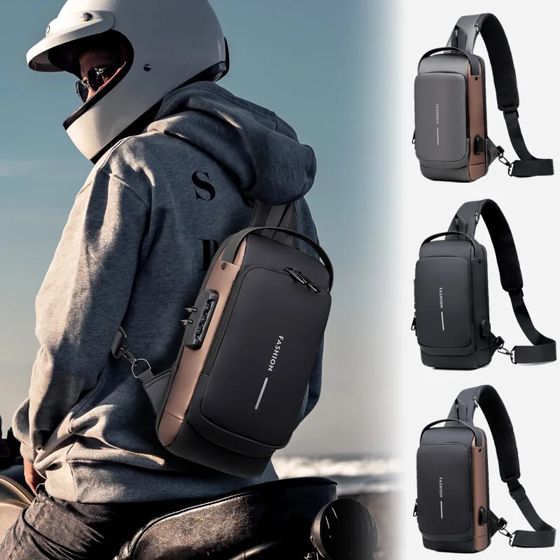 

Multifunction Leather Chest Bag Men Waterproof Crossbody Bag New Anti-theft Travel Shoulder Bags USB Charging Sport Sling Pack