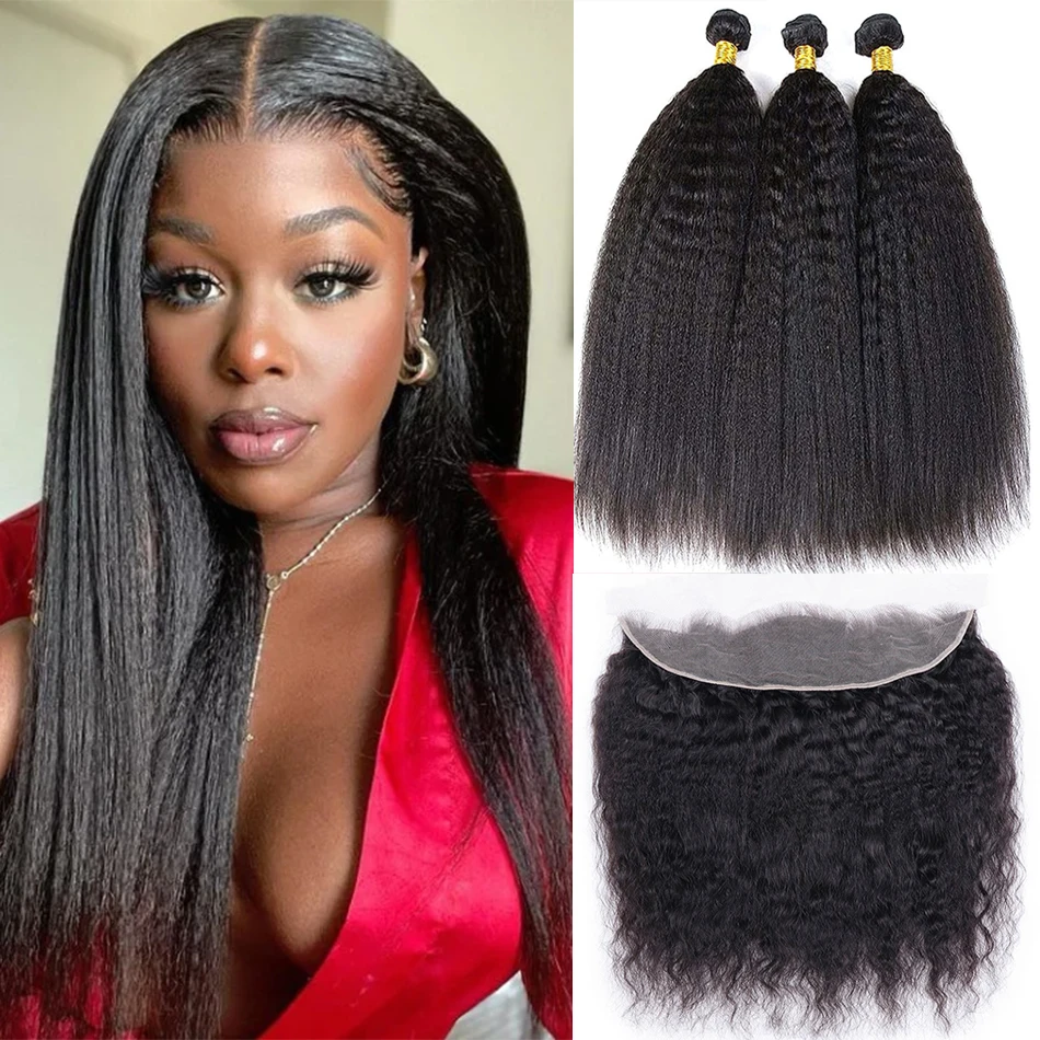 

Indian Kinky Straight Bundles With Closure HD Lace 12A Yaki Straight Human Hair Bundles With Frontal 13x4 Wet and Wavy Yaki Hair