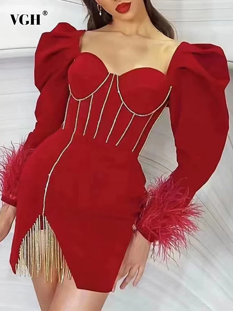 

Женское Асимметричное мини-платье VGH, лоскутное платье с длинным рукавом, квадратным вырезом, бахромой и высокой талией, одежда для женщин