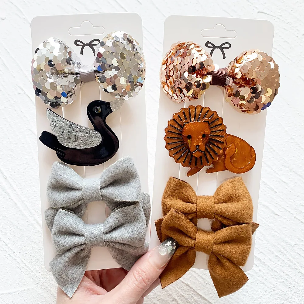 

4Pcs/Set Acrylic Solid Bows Hair Clips For Kids Girls Cartoon Animal Hairpins Headwear Fashion Hair Accessories Christmas Gift