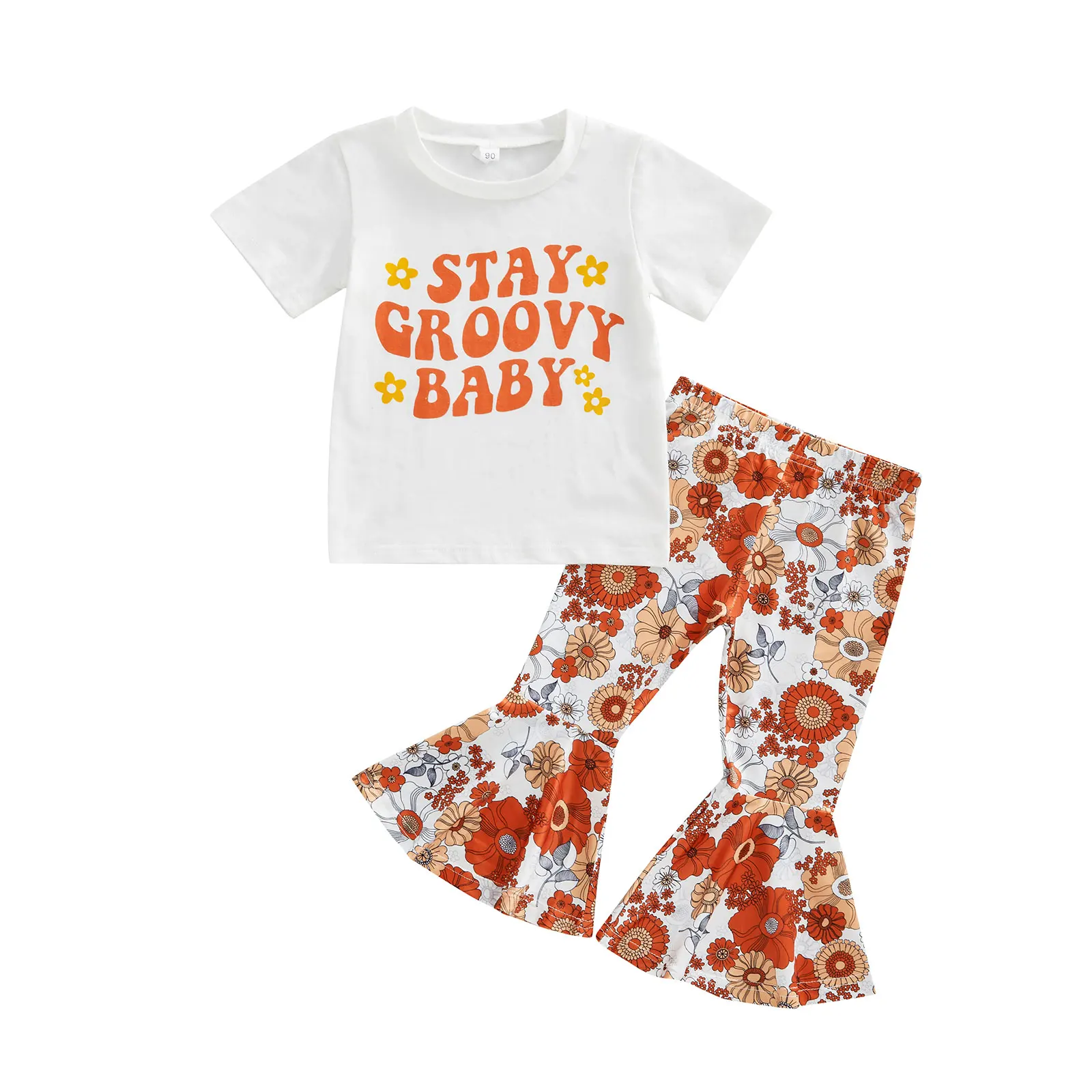 

0-6Y Stay Groovy Baby Kids Girl Clothing Letter Print Round Neck Short Sleeve T-shirt+Floral Flare Pants Sweet Summer 2pcs