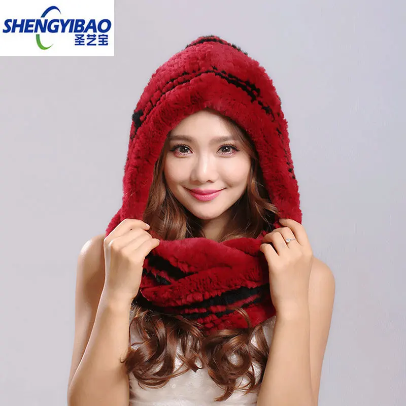European and American Fashion Winter Warm Real Rex Rabbit Fur Hat Women Winter Fur Scarf New Woven Hooded Dual-use