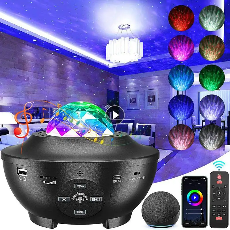 

LED Star Projector Wifi Voice Control Night Light Ocean Wave Galaxy Starry Sky Projector Night Lamp With Sensor For Childrens