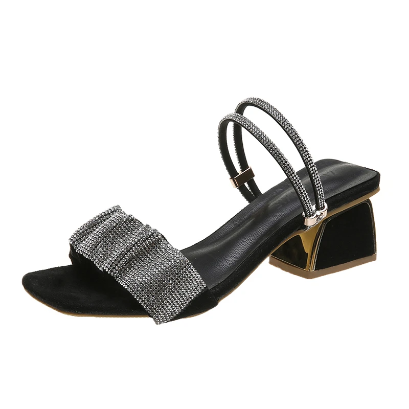 

Summer Mid-Heel Chunky Heel Sandals Skirt Fairy Style Rhinestone All-Matching Graceful Two-Way Sandals kawaii shoes