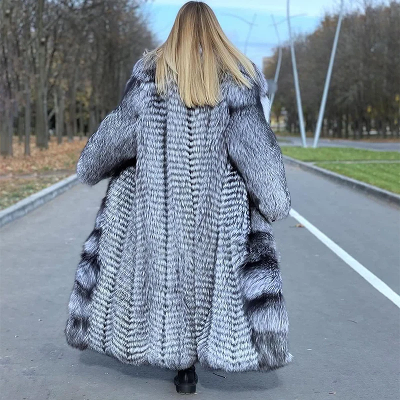 Natural Genuine Silver Fox Fur Overcoat Women Temperament Luxury Clothing Winter New Thicken Real Silver Fox fur Long Jacket