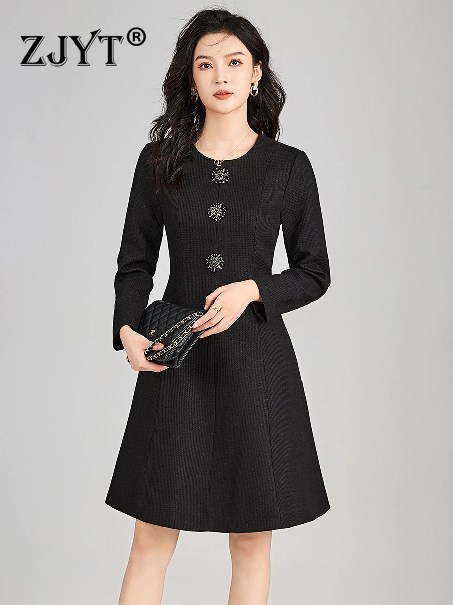 

ZJYT Elegant Crystal Buttons Autumn Dresses for Women 2023 Long Sleeve Simple Casual Vestidos Para Mujer Elegant Black Robe