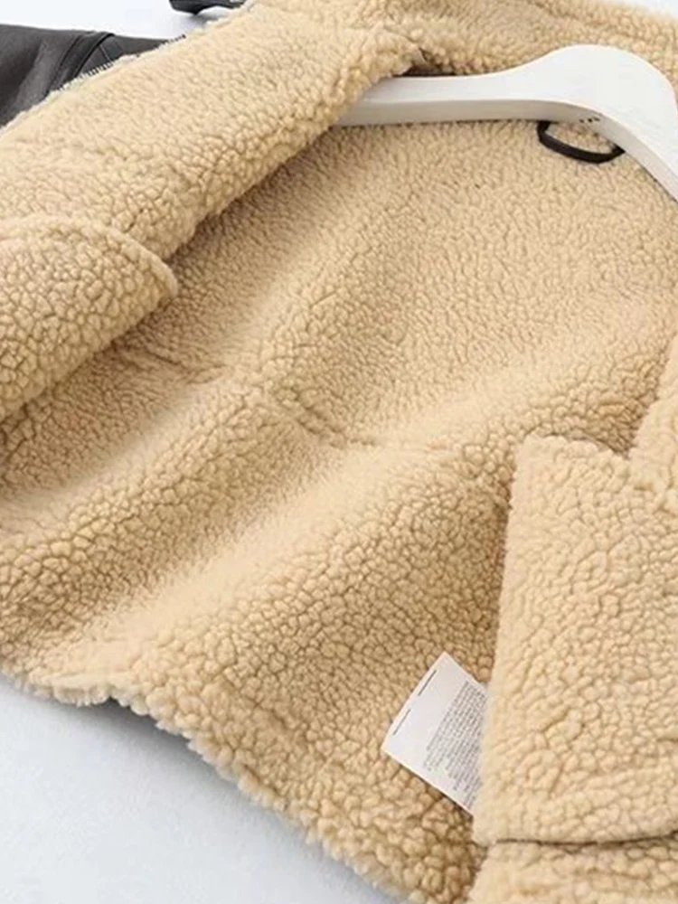 Winter Women Streetwear Faux Lamb Leather Fur Short Jacket with Belt Moto Biker Thick Warm Sheepskin Coat Outwear Leather Jacket