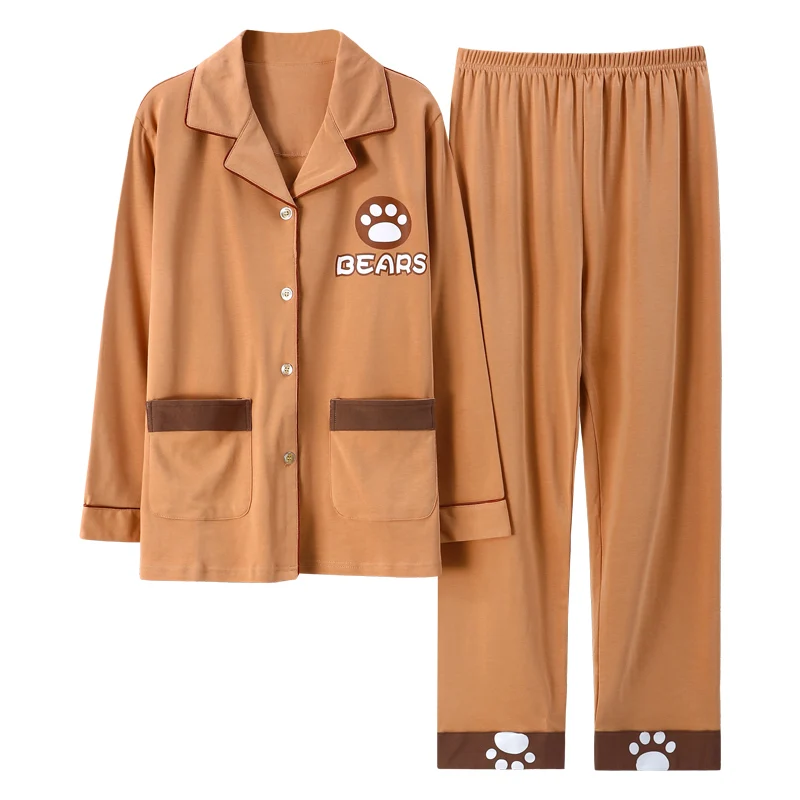 

New Autumn Women Cotton Cartoon Full Sleeve Tops Pants 2 Pieces Set Sleepwear Turn-down Collar Pajamas Plus Size Pyjama