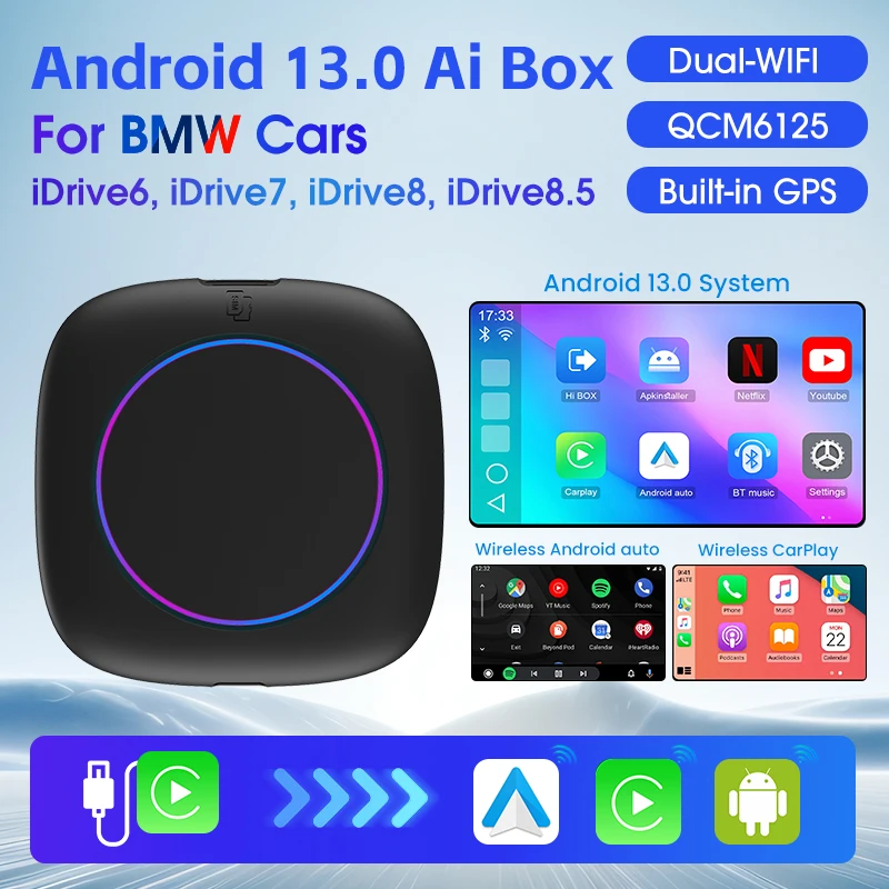 YolanAuto Ai Box для автомобилей BMW 2024 QCM6125 4 ГБ + 64 Android 13 Мультимедийная видеобокс