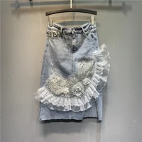 sexy split denim skirt for women summer high waist stretch jeans skirts students crystal studded sequins mesh a line midi skirt