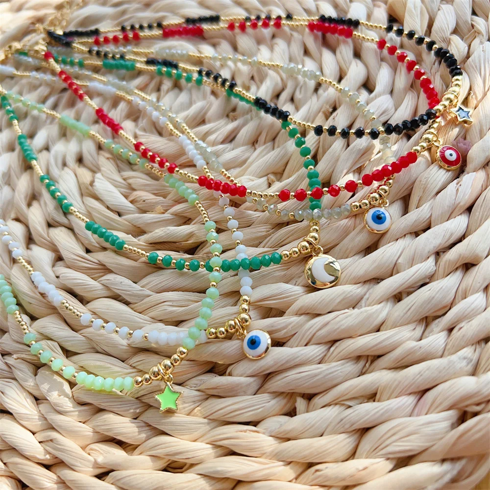 

KKBEAD 2023 New in Evil Eye Star Moon Pendant Necklace for Women Crystal Beaded Necklaces Choker Jewelry Gift for Her Friends
