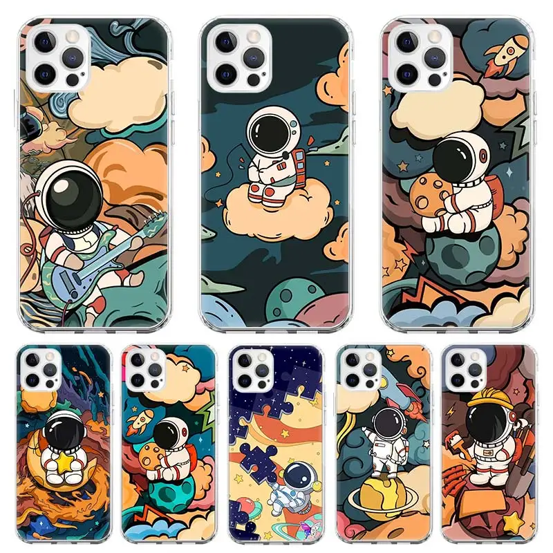 

Silicone Case Coque For iPhone 13 Pro Max 11 12 Pro XS MAX X XR 7 8 6 6S Plus SE 2020 Cute Cartoon Astronaut Square Cover Funda