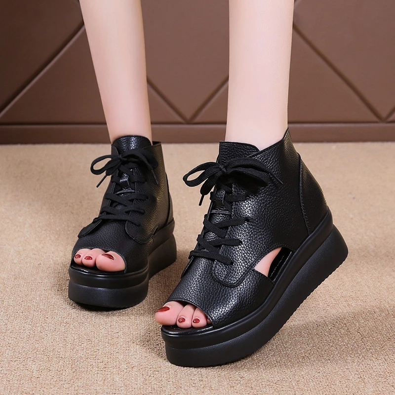 

Women Summer Roman Sandals Boots 2023 Mid Heels Wedges Shoes Ladies Vintage PU Leather Sandalias Mujer Sapato Feminino
