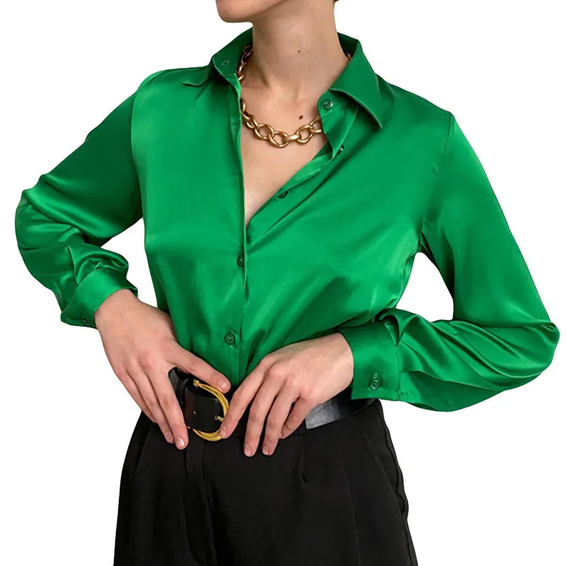 

Женская атласная футболка на пуговицах, Офисная однотонная Повседневная футболка с отложным воротником и длинным рукавом, одежда для весны...