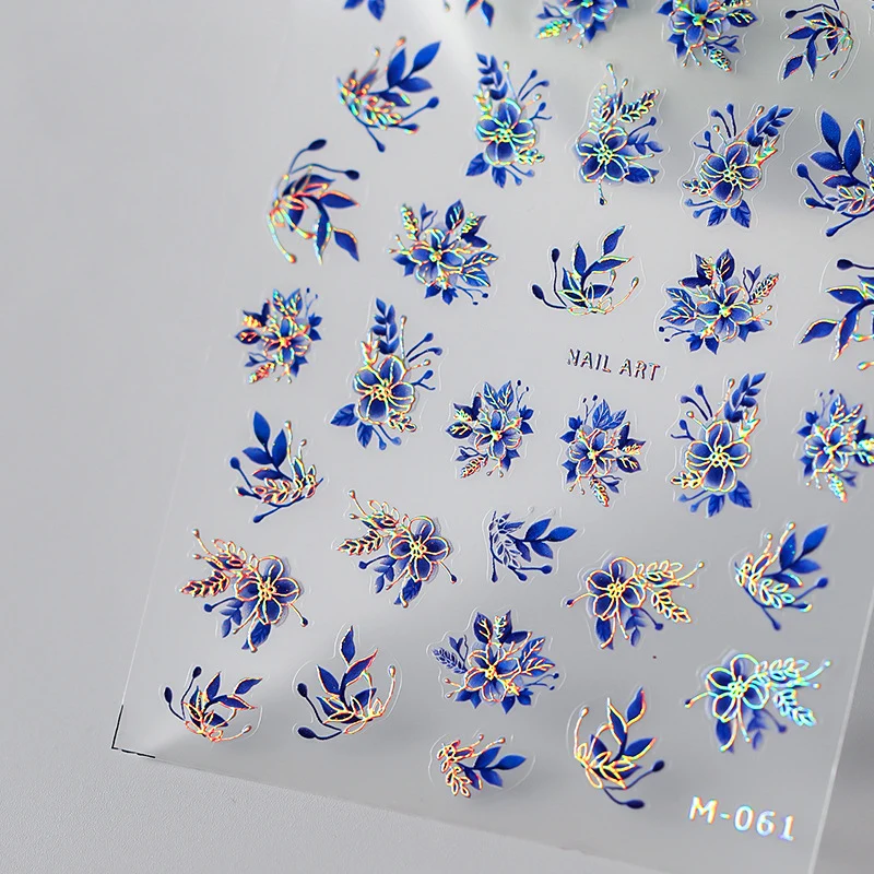 

Acrylic Engraved Nail Sticker Holographi Blue Flowers Gold Line Self-Adhesive Nail Transfer Sliders Wraps Manicures Foils Z0661