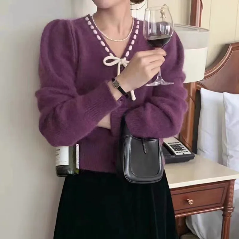 

Korean Chic Elegant Coat Knitwear Spring Autumn Sweet Bow Tie V-Neck Loose Versatile Long Sleeve purple Knitted Cardigan Sweater