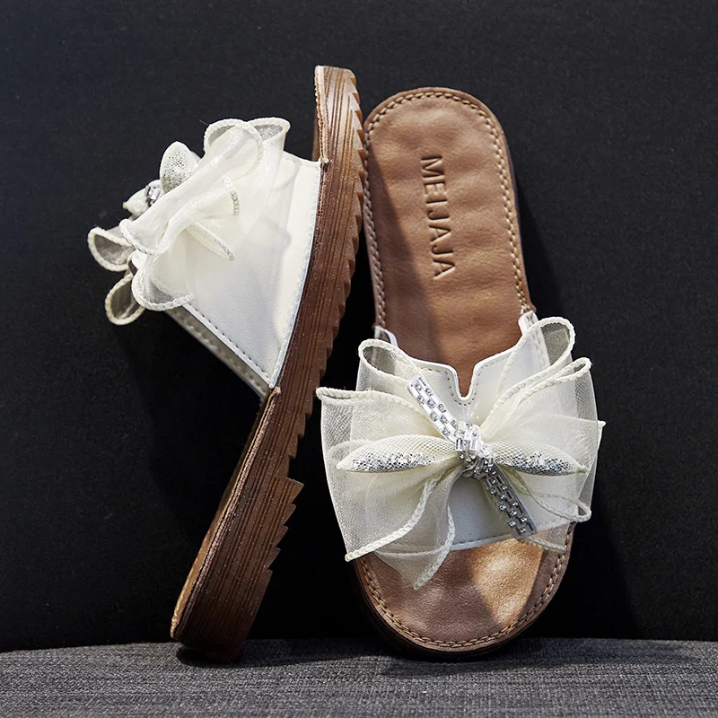 Summer New Women's Shoes Outdoor Non-slip Beach Shoes Bow Fashion Versatile One-word Slippers Women's Korean Version Sandals