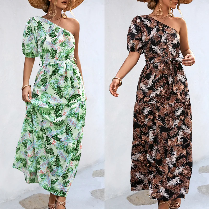 

Elegant One Shoulder Big Hem Dress For Women 2023 Summer Skew Collar Backless Beach Dresses Women Irregular Loose Slit MaxiDress