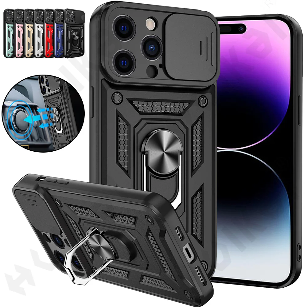 

For iPhone 14 Pro Max Plus Case 13 12 11 Pro SE 2022 Max X Max and Slide Camera Built-in 360°Rotate Ring Stand Magnetic Cover