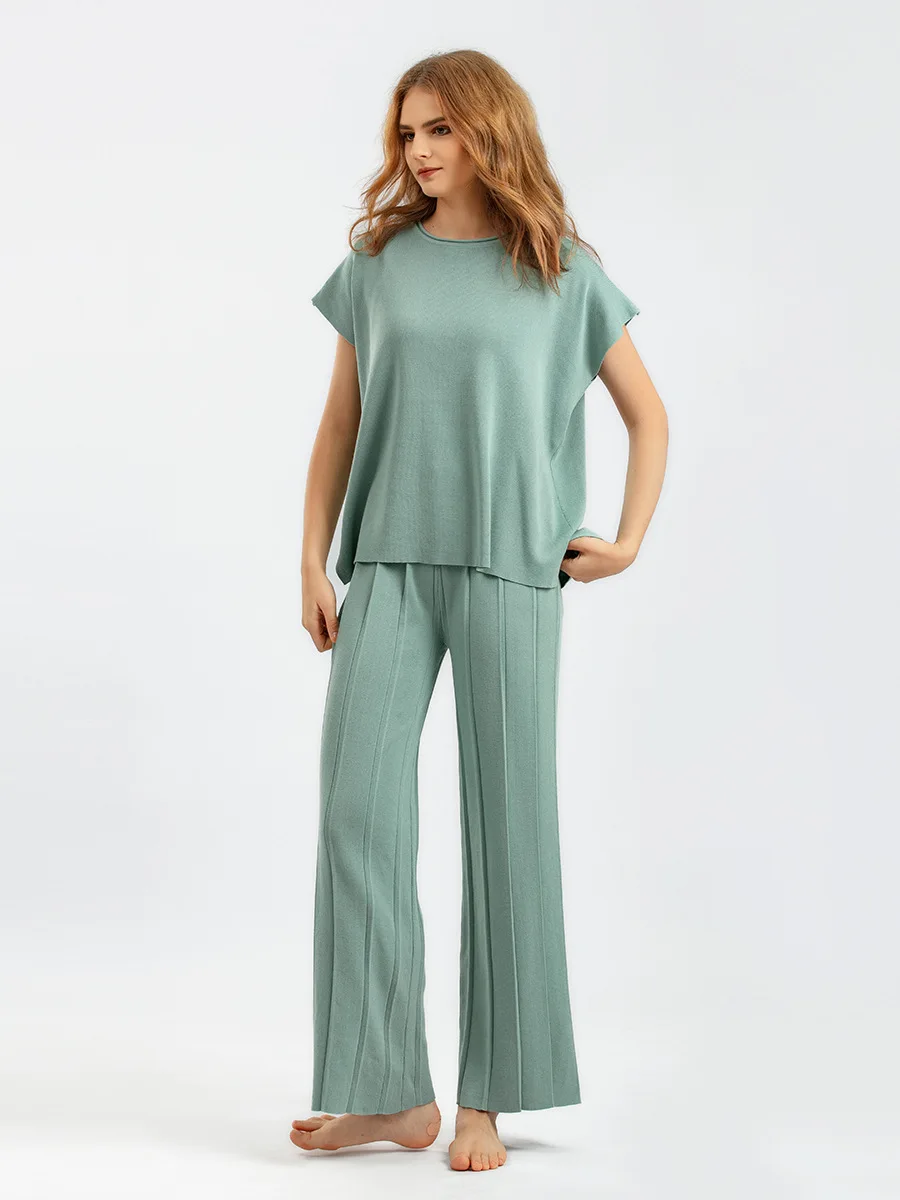 

Two Piece Set Elegant Pants Sets Ice Knitted Summer Outfits For Women 2023 Short Sleeve Pajama Suit