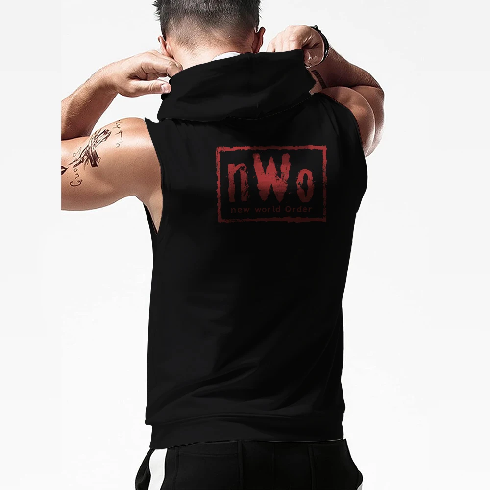 Фото Мужская черная майка с капюшоном NWo Wolfpack с 3D-принтом, быстросохнущая, дышащая, для спортзала, повседневная, без рукавов. №5