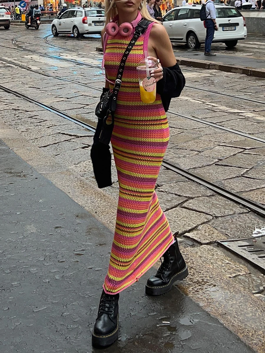 

Women Fashion Knitted Long Dress Crew Neck Sleeveless Colorful Stripe Knit Tank Dresses Summer Ladies Casual Sundress Party Club