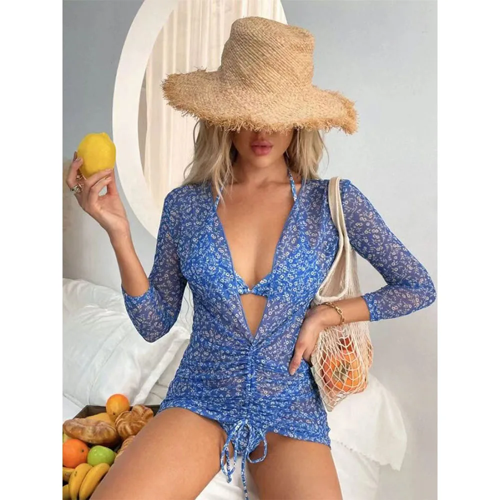 

2022 Women Cover Up Blue Floret Bikini Sexy Bandage Long Sleeve Beach Dress Tunics for Women Beachwear Summer Swimsuit Clothes