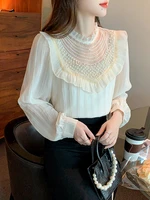 spring korean fashion shirts women beading mesh stitching long sleeved thin loose shirt women shirt camisa mujer womens tops