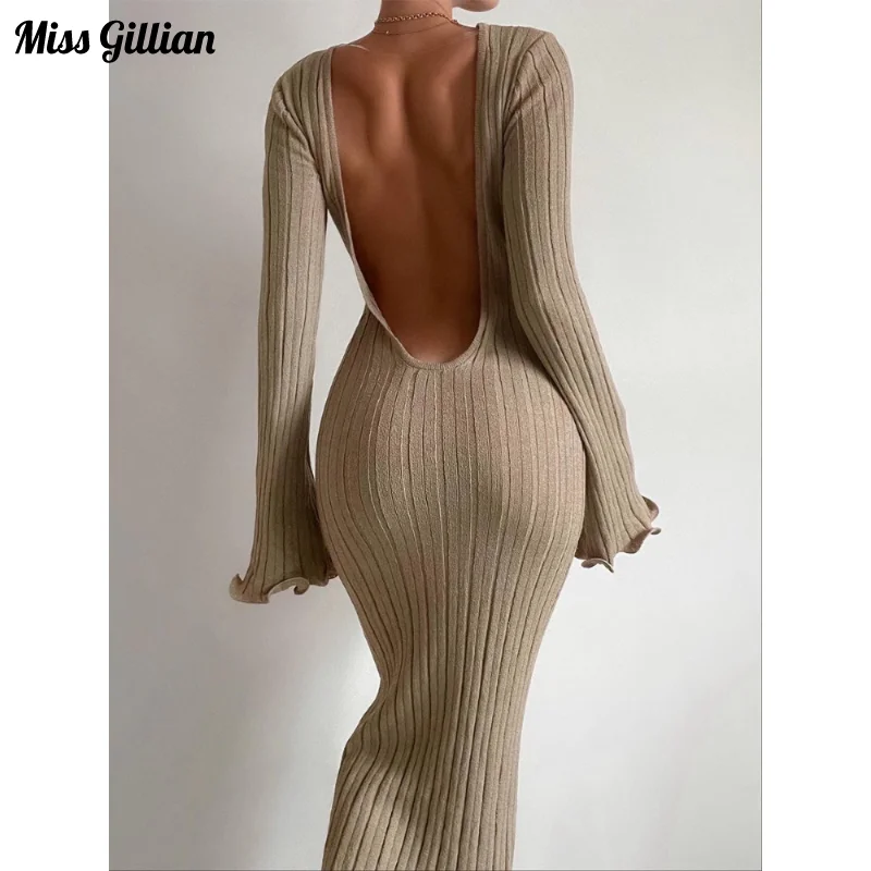 

Maxi Dress Elegant O Neck Long Sleeve Backless Dresses Woman Fashion 2023 Autumn Women's Clothing Solid Knitted Tight Dress