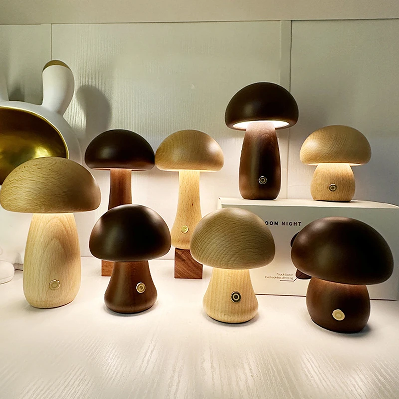 

Mushroom Lamp for Bedroom, Portable Dimmable Bedside Lamp with USB Charging, Cordless Wooden Nightlight, Mushroom Table Lamp