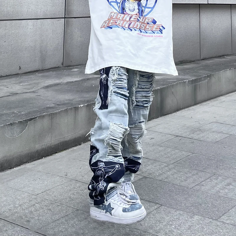 Jean Pants High Street Hole Fringe Embroidery Jeans Pants Mens Color Block Tassel Ripped Retri Denim Trousers Oversize Baggy