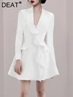 Женское платье-блейзер с оборками DEAT, белое свободное платье выше колена с отложным воротником и длинным рукавом, осень-весна 2022