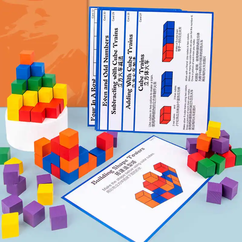 

Wooden Building Blocks Cubes Colorful Puzzle Blocks with Cards Early Learning Educational Math Toy for Kids Gifts