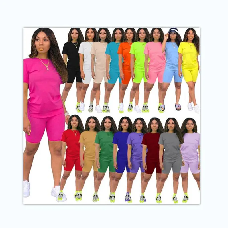 

Women Summer Clothes 2023 In Bulk Wholesale 2 Piece Sets Cotton Outfit Solid Casual Matching Jogger T-shirt Shorts Yellow 3307