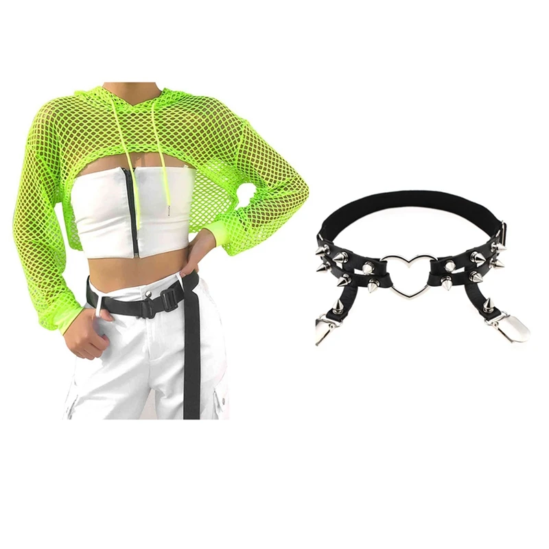 

Women Girl Sexy Leather Heart Garters Punk Rock Rivet Stud Leg Ring & Long Sleeve T Shirt Women Mesh Top Hooded