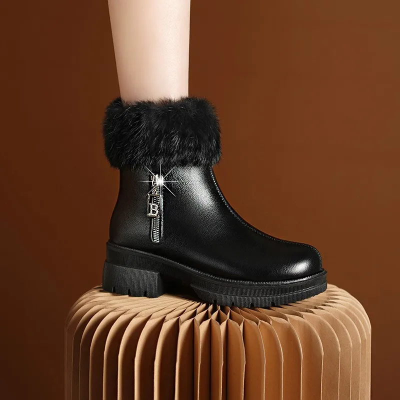 Winter Warm Snow Boots Pump Women's Side Zipper Faux Suede Platform High Heels Ankle Boots Women High Top Round Toe Botas Mujer