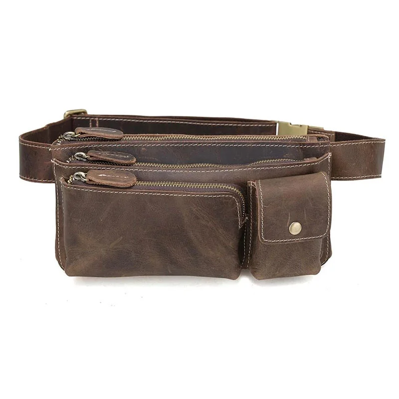 Genuine Leather Waist Pack Men Fanny Pack Belt Bag Cool Hip Bum Bag Simple Vintage Waist Bags Pillow Day Pack Brown 3162